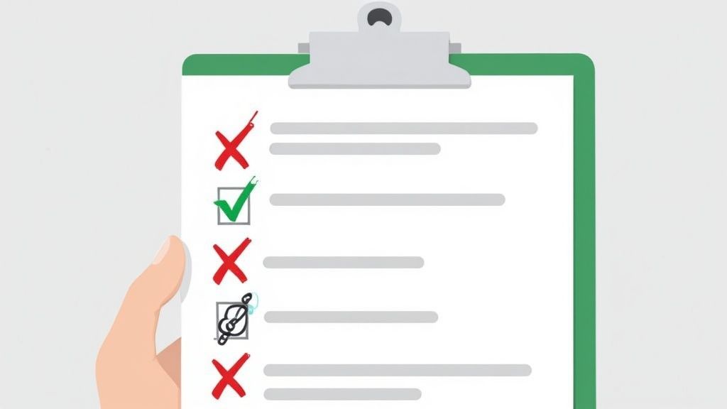 Una mano tiene un portablocco verde con una lista di controllo, che mostra spunte verdi e croci rosse.