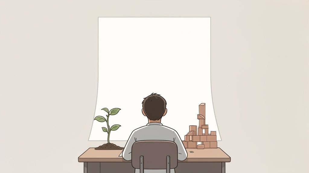 Vista da dietro di una persona seduta a una scrivania con una piantina e blocchi di legno, di fronte a un foglio bianco.