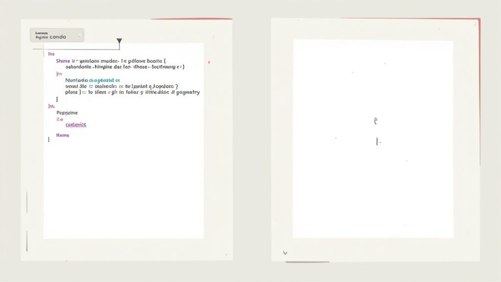Schermata di un documento digitale con codice o testo strutturato sulla pagina sinistra, e pagina destra bianca.