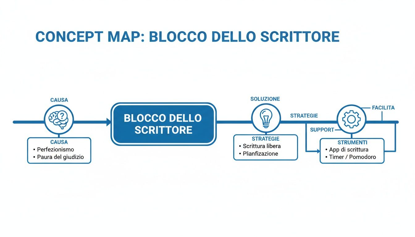 Mappa concettuale sul blocco dello scrittore, che evidenzia cause, strategie di soluzione e strumenti di supporto.