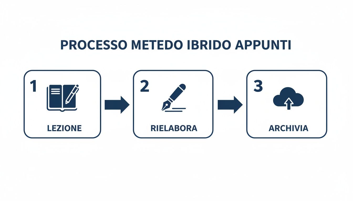 Descrizione del processo di metodo ibrido per prendere appunti: lezione, rielaborazione e archiviazione.