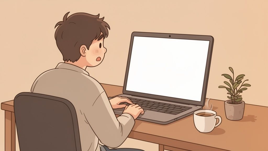 Illustrazione di una persona seduta a una scrivania, che lavora al computer con una tazza di caffè e una pianta.