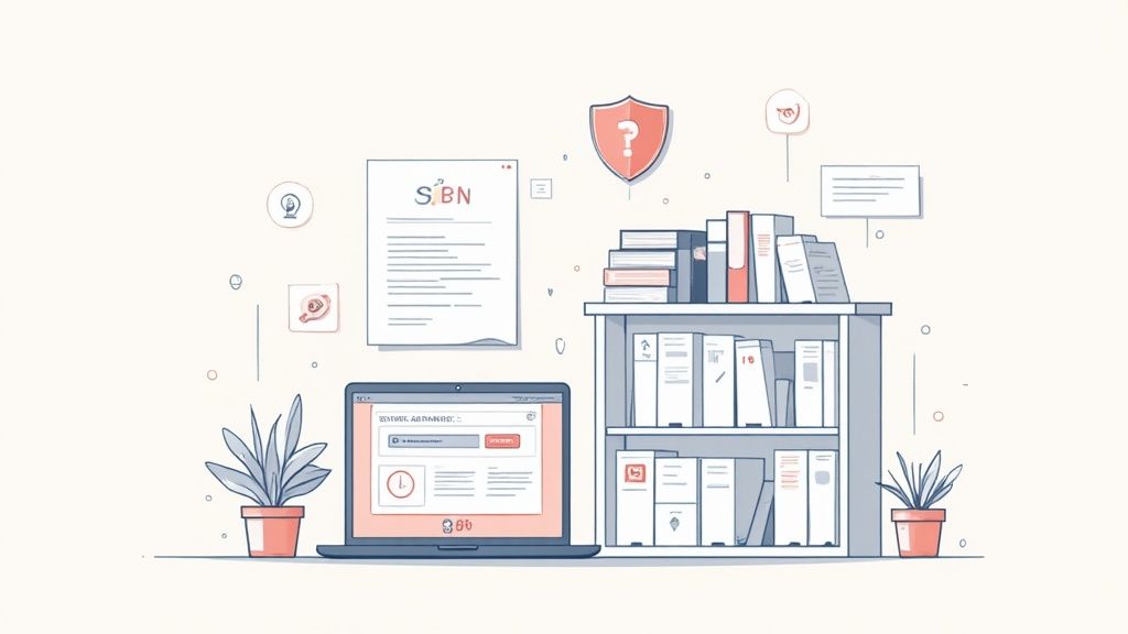 Illustrazione di uno spazio di studio con laptop, libreria piena di libri e documenti, e icone di ricerca.