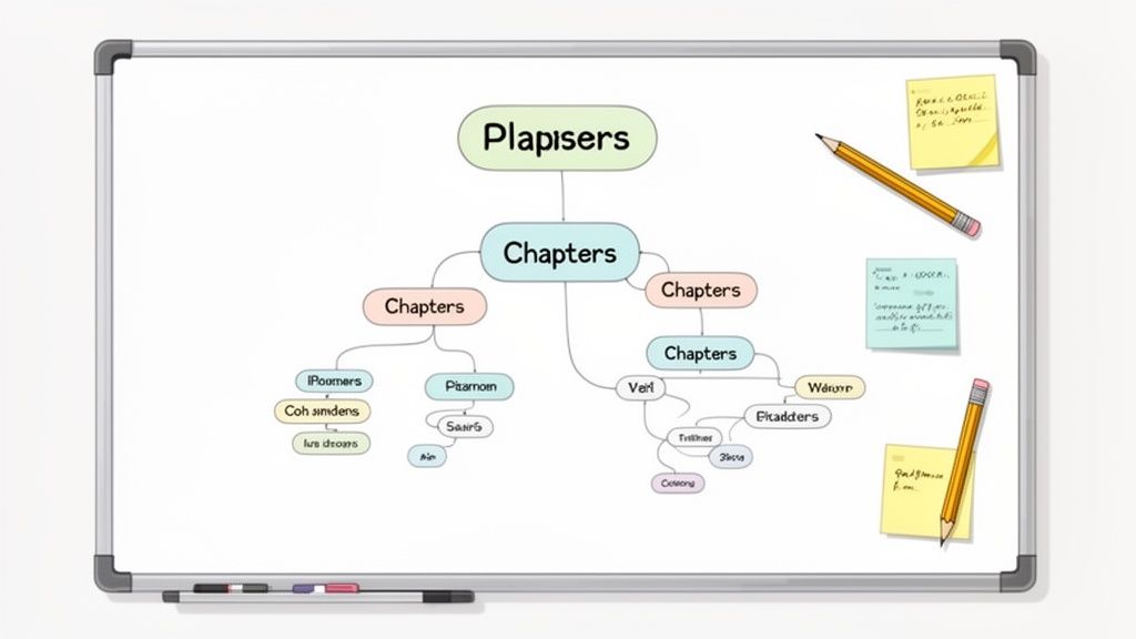 Mappa mentale su lavagna bianca che mostra l'organizzazione di capitoli per una tesi o un progetto.