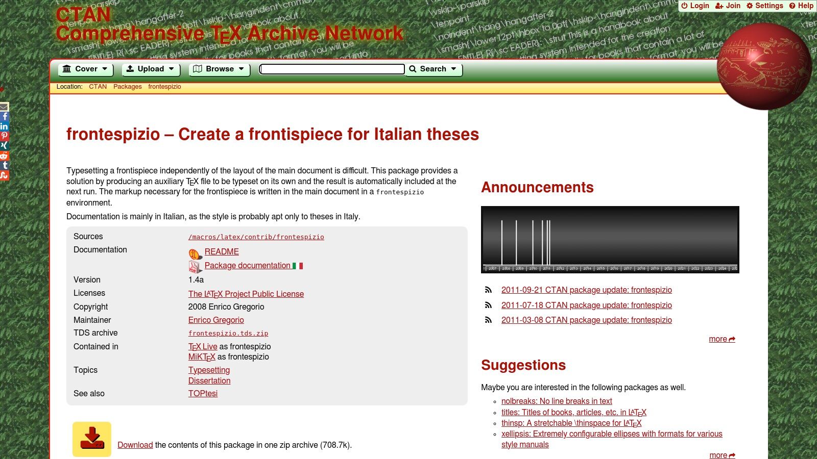 CTAN – Pacchetto LaTeX 'frontespizio'