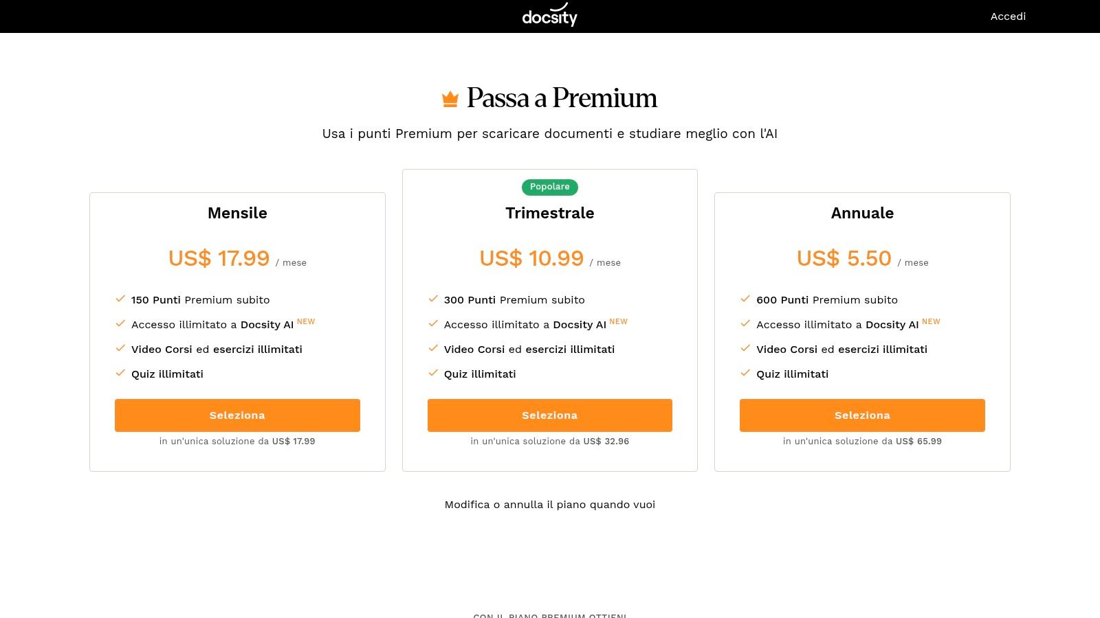 Esempi di piani di abbonamento Docsity per accedere a documenti premium come tesi di laurea