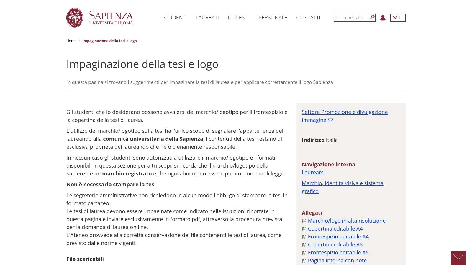 Sapienza Università di Roma – Frontespizio editabile e linee guida