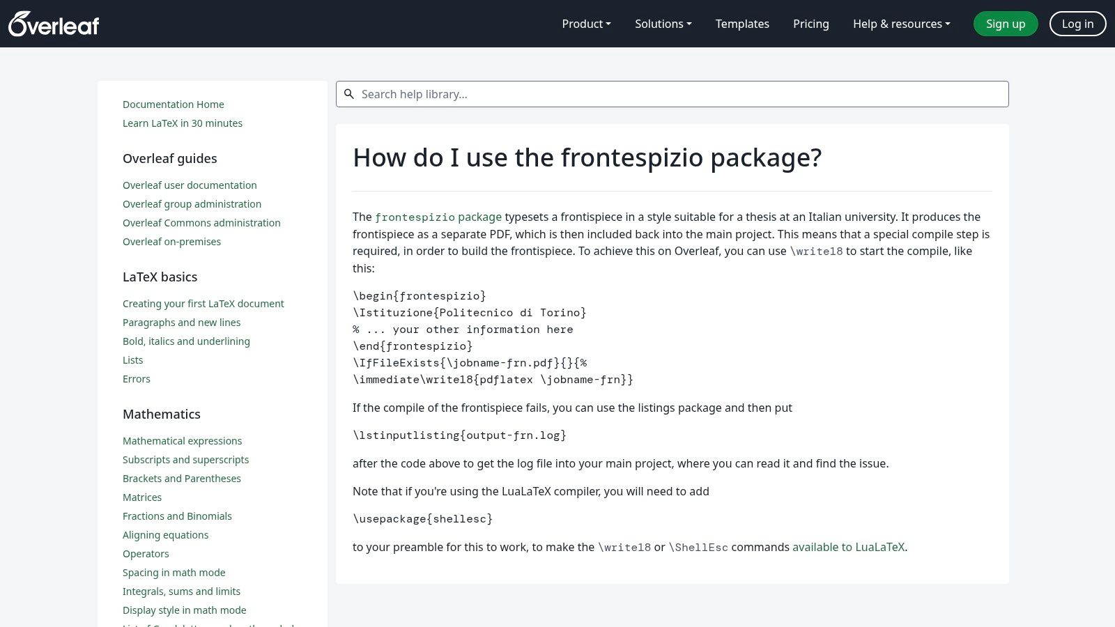 Overleaf – Guida 'How do I use the frontespizio package?'