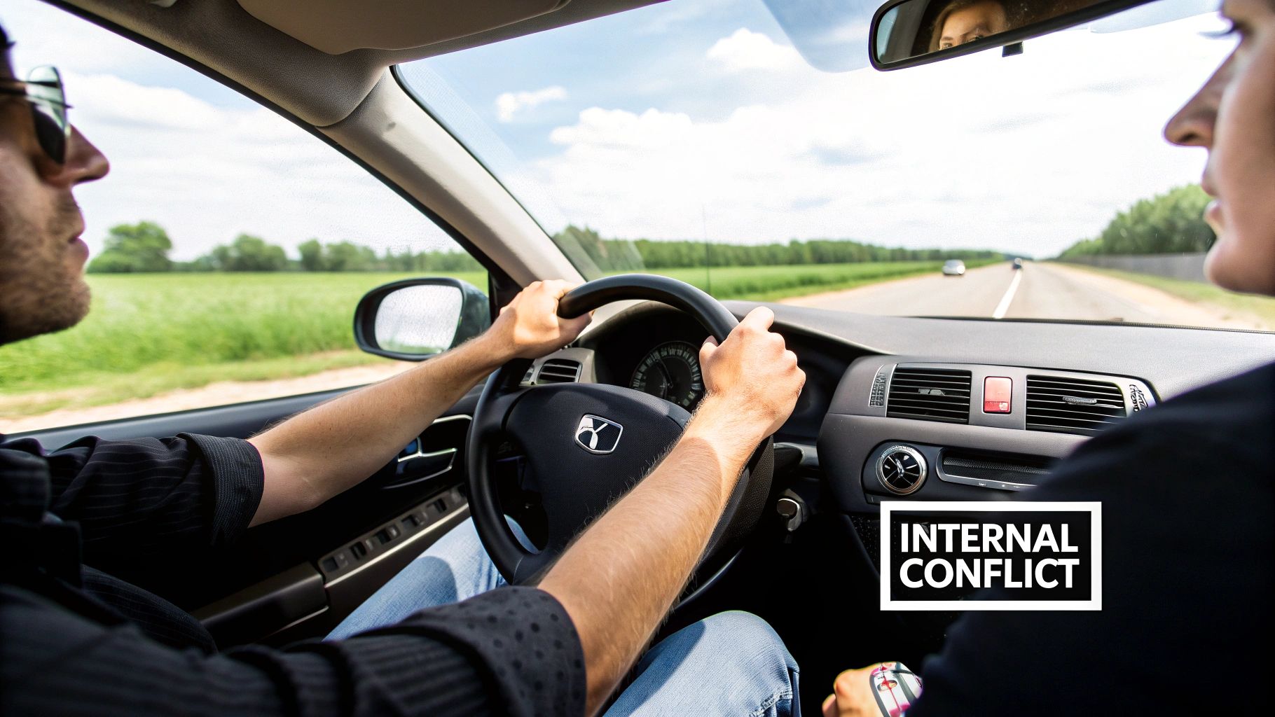 Inside a car, a person drives with sunglasses, while a passenger's profile is visible, with 'INTERNAL CONFLICT' text overlay.