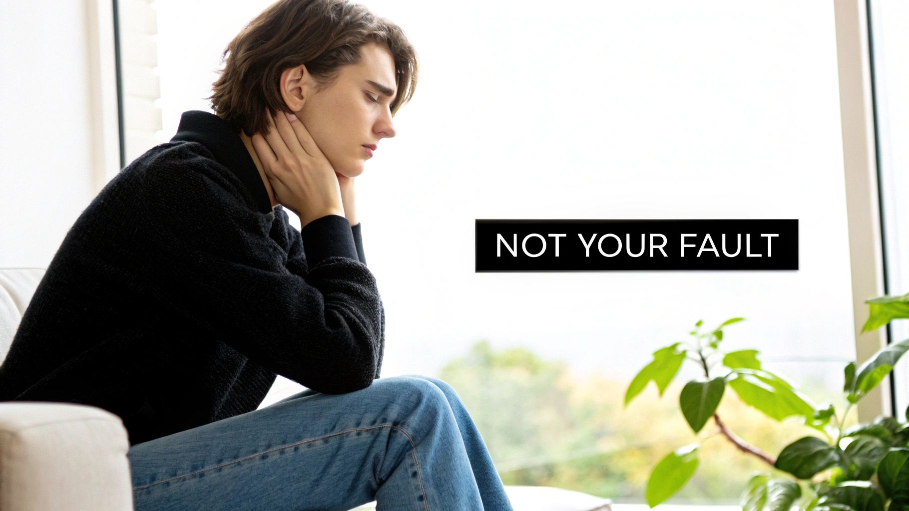A sad young person on a couch with hands on neck, and a text overlay 'NOT YOUR FAULT'.