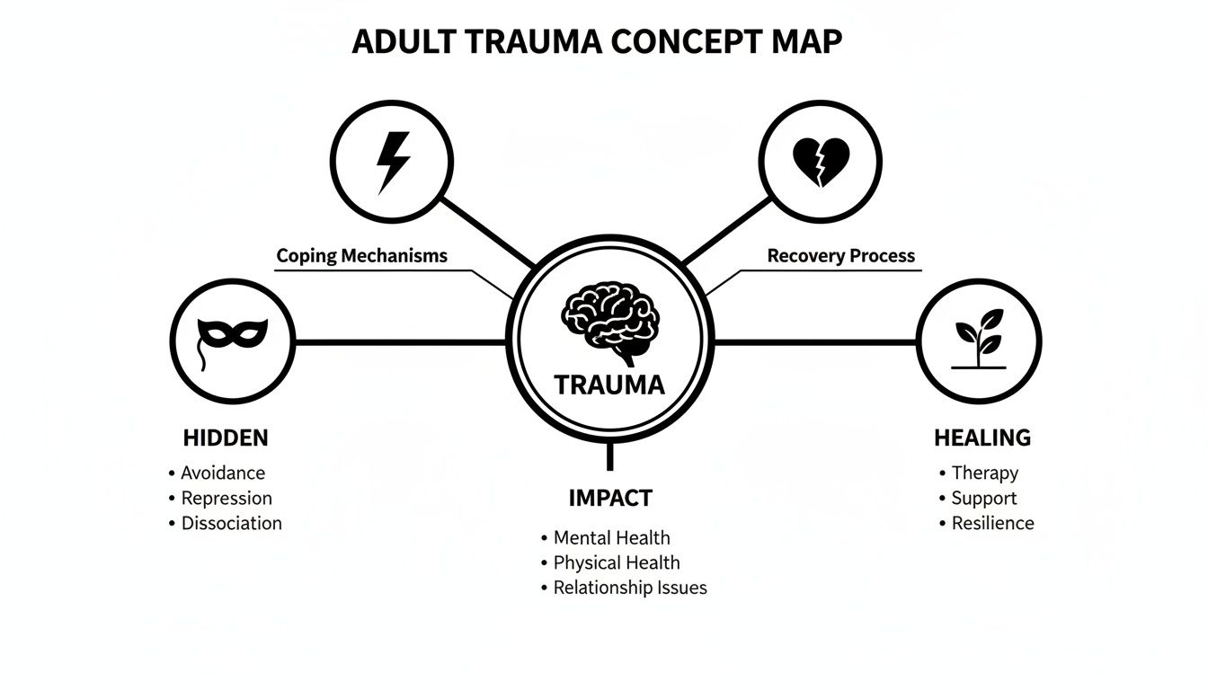 A concept map showing adult trauma, its coping mechanisms, impact, hidden aspects, and healing process.