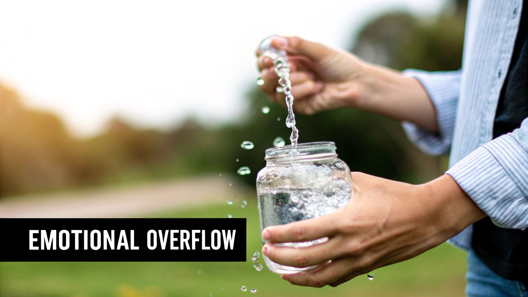 Hands pouring water into an overflowing glass jar, with splashes, set against a blurred outdoor background.