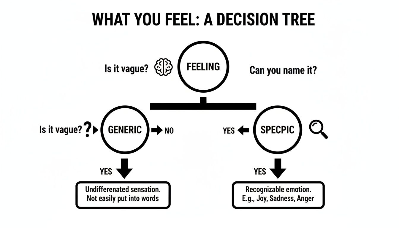 A decision tree explains feelings, distinguishing between vague sensations and specific emotions.
