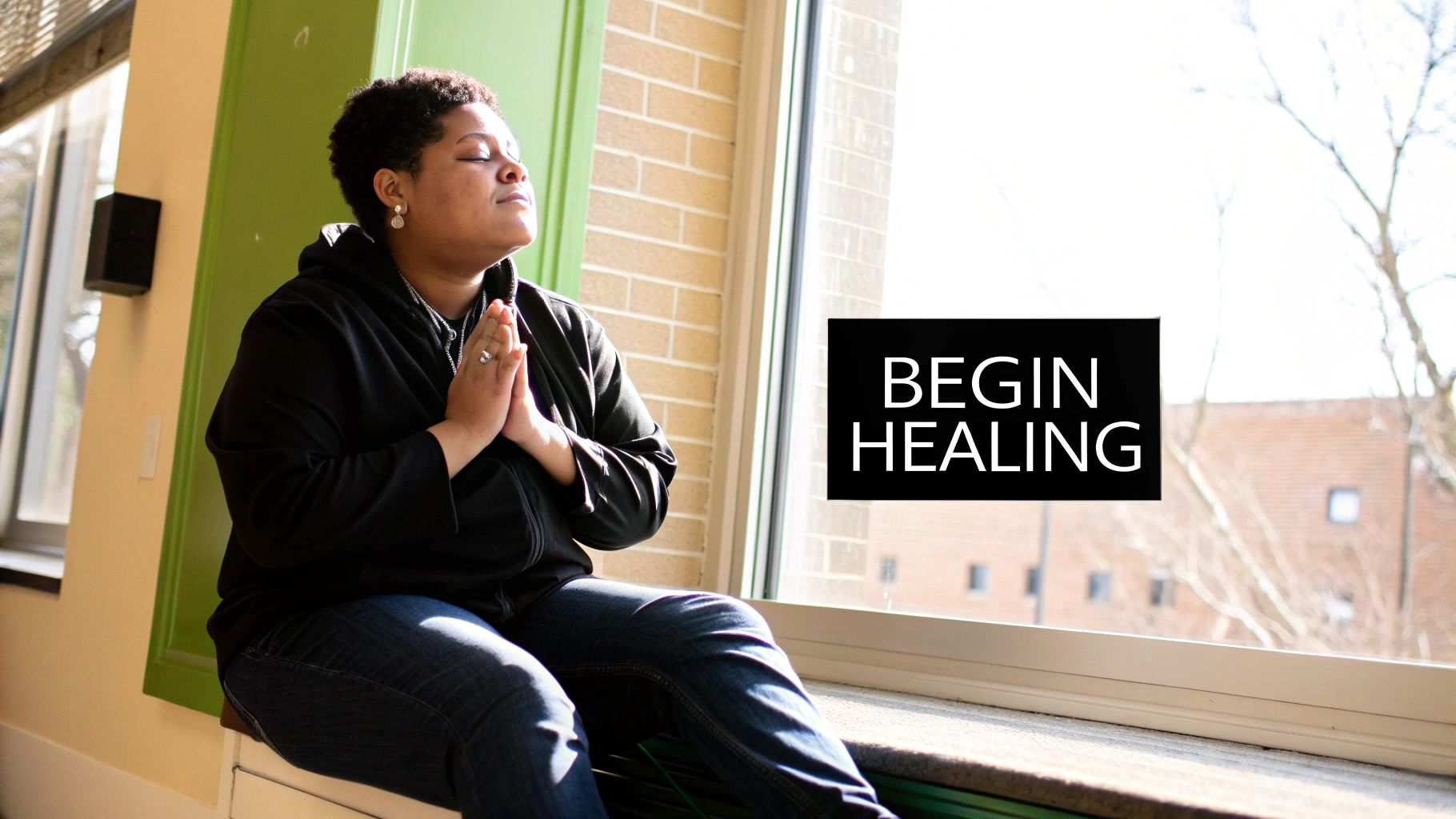 A woman meditates by a window with her eyes closed and hands clasped, with 'Begin Healing' text.
