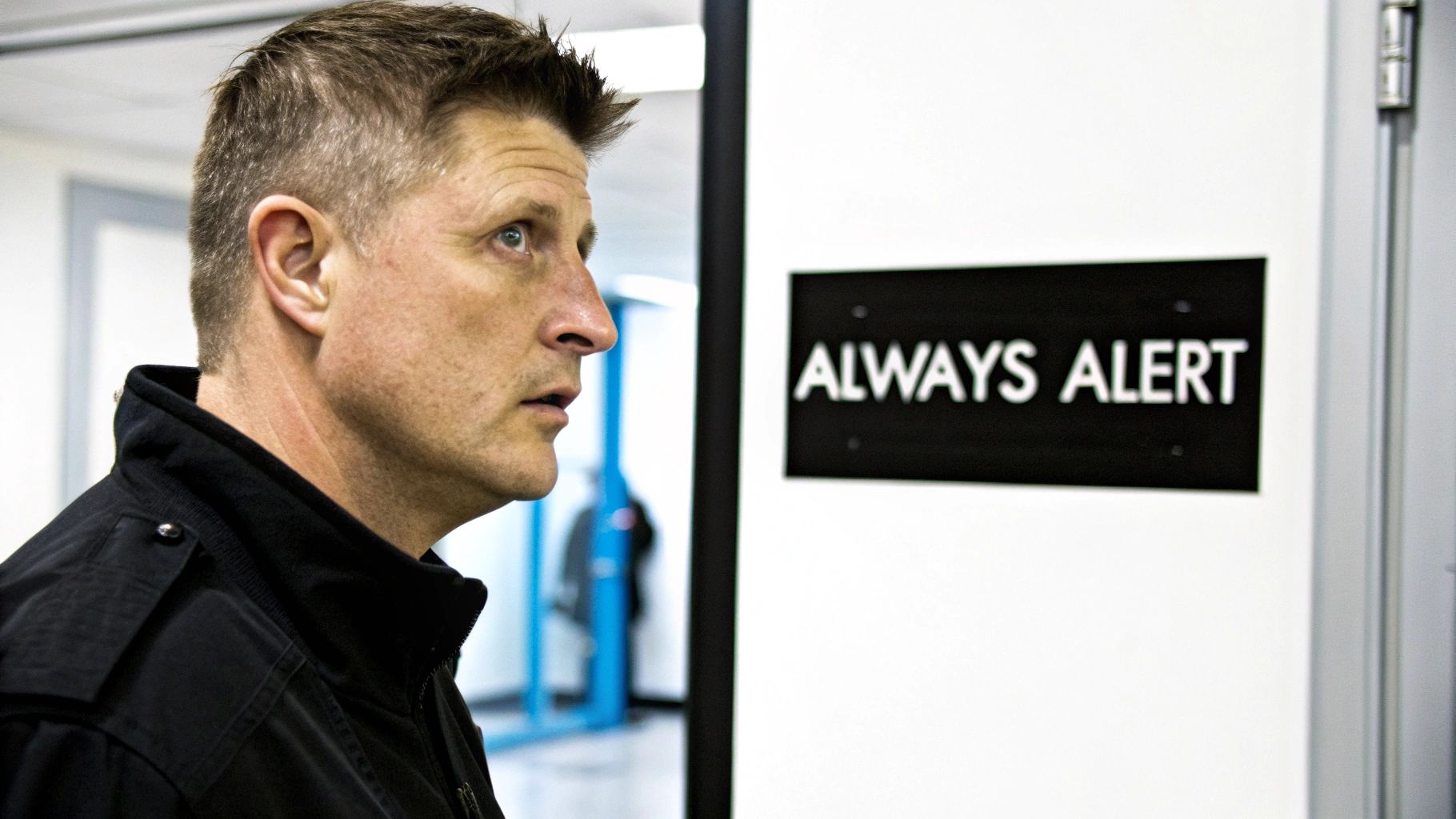 A man in a black jacket looking intently at a black sign that reads 'ALWAYS ALERT'.