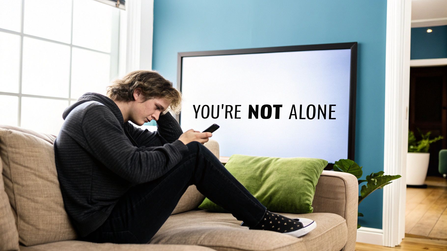 A distressed young man looks at his phone while a TV screen displays "YOU'RE NOT ALONE".