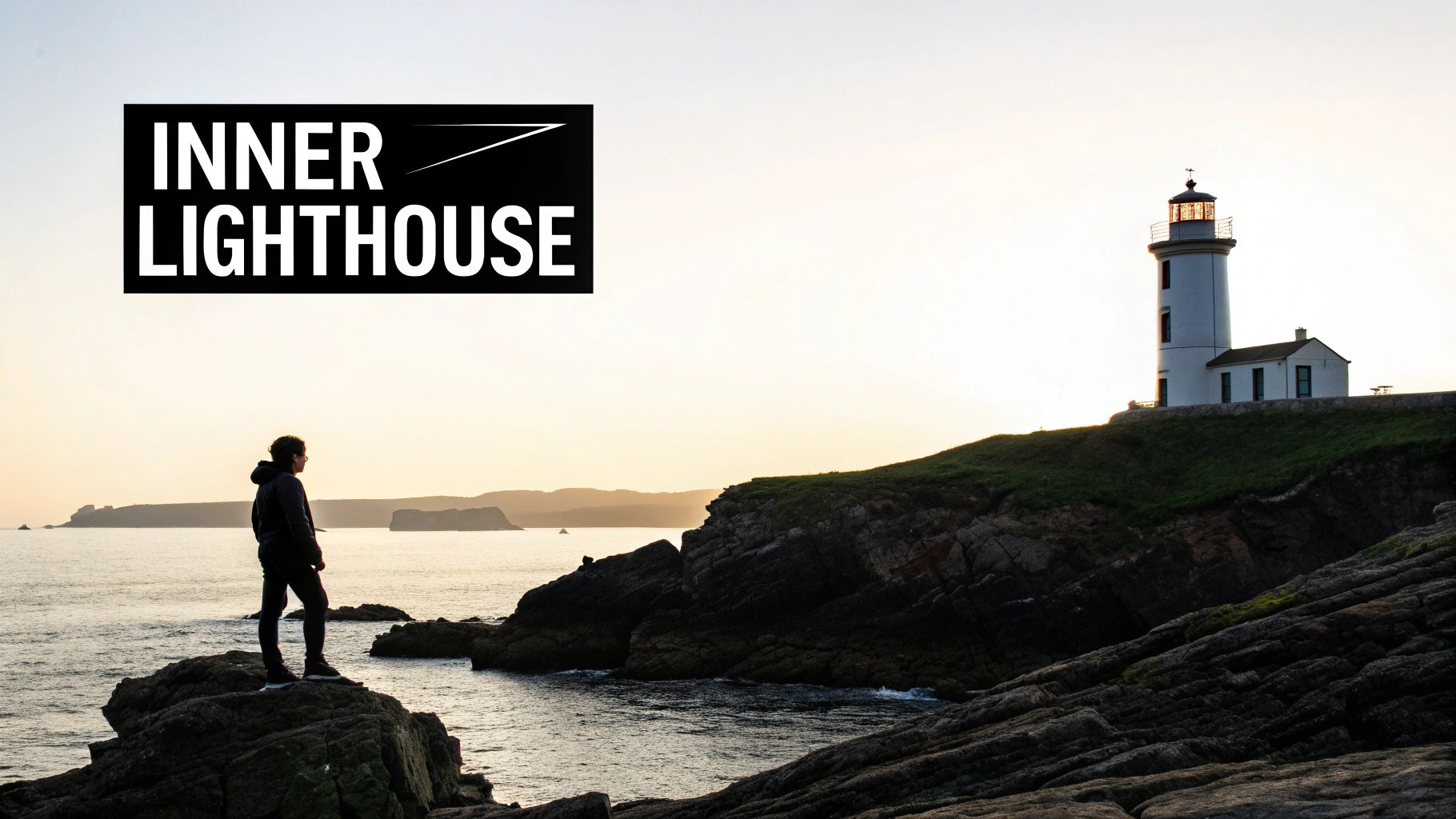 A person stands on a rocky coast looking at a distant lighthouse at sunset with 'INNER LIGHTHOUSE' logo.