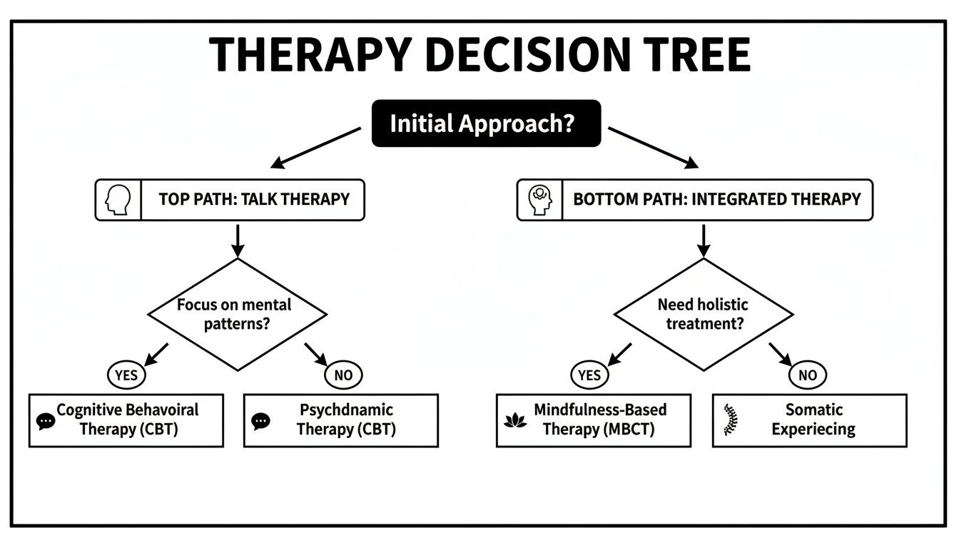 A therapy decision tree flowchart guiding users through talk and integrated therapy options.