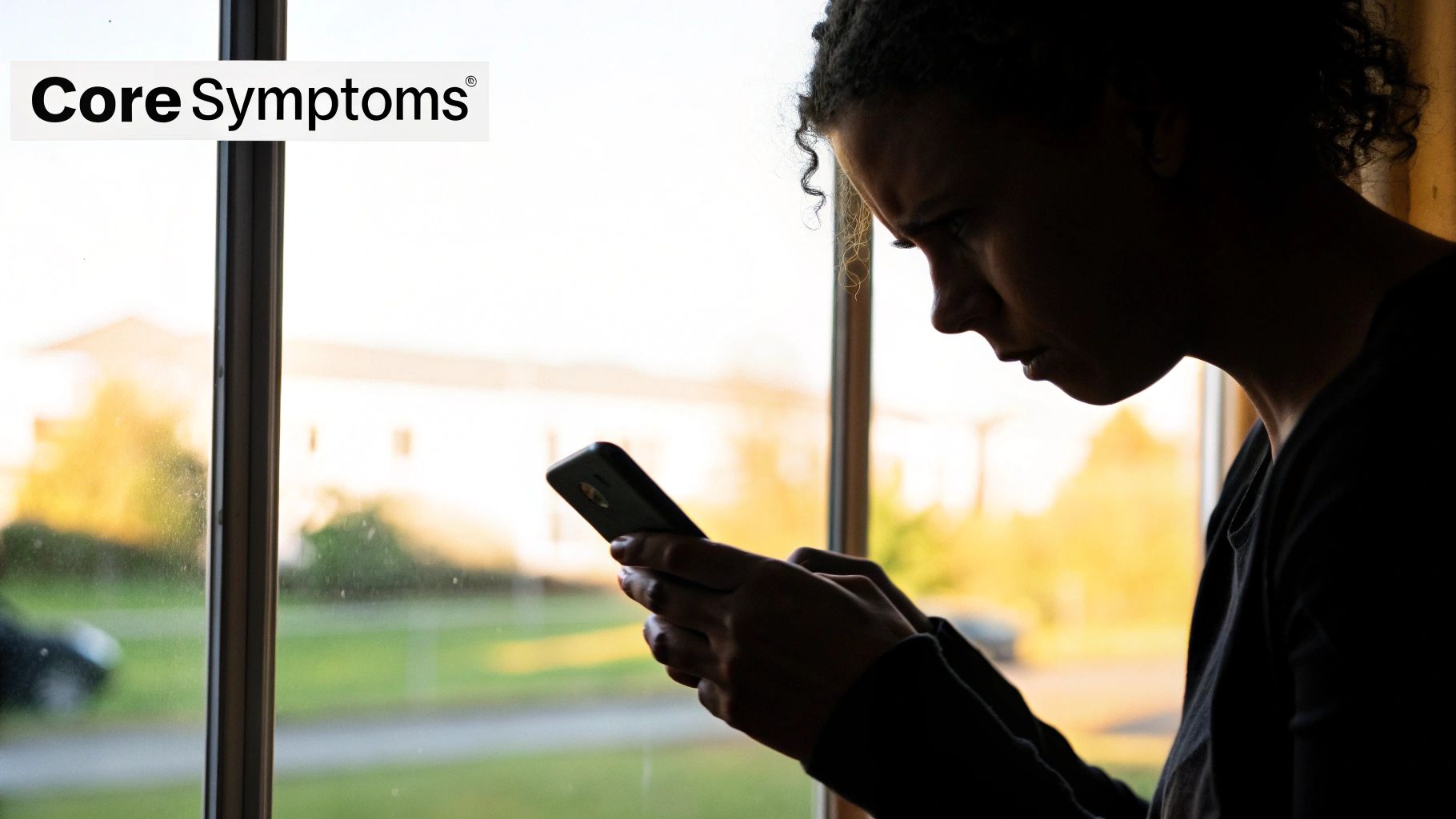 Silhouette of an anxious woman looking intently at her phone by a bright window, Core Symptoms logo visible.