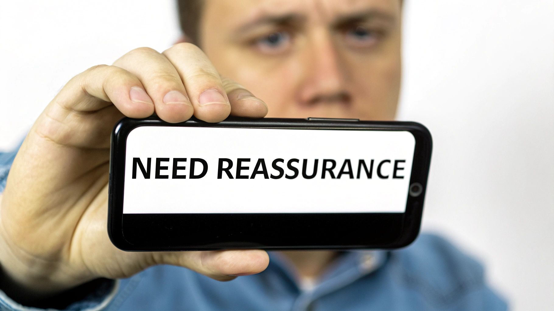 A person holds a black smartphone displaying the bold text 'NEED REASSURANCE' against a blurred background.