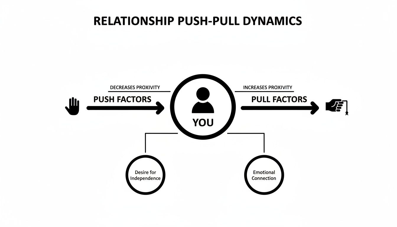 Diagram illustrating relationship push-pull dynamics, showing factors decreasing and increasing proximity with you.
