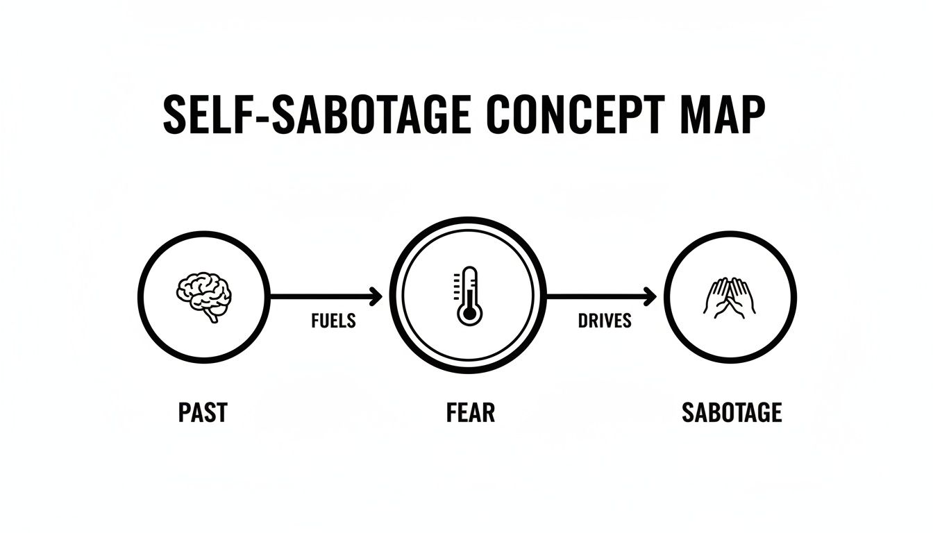 A self-sabotage concept map showing past experiences fueling fear, which drives sabotage.