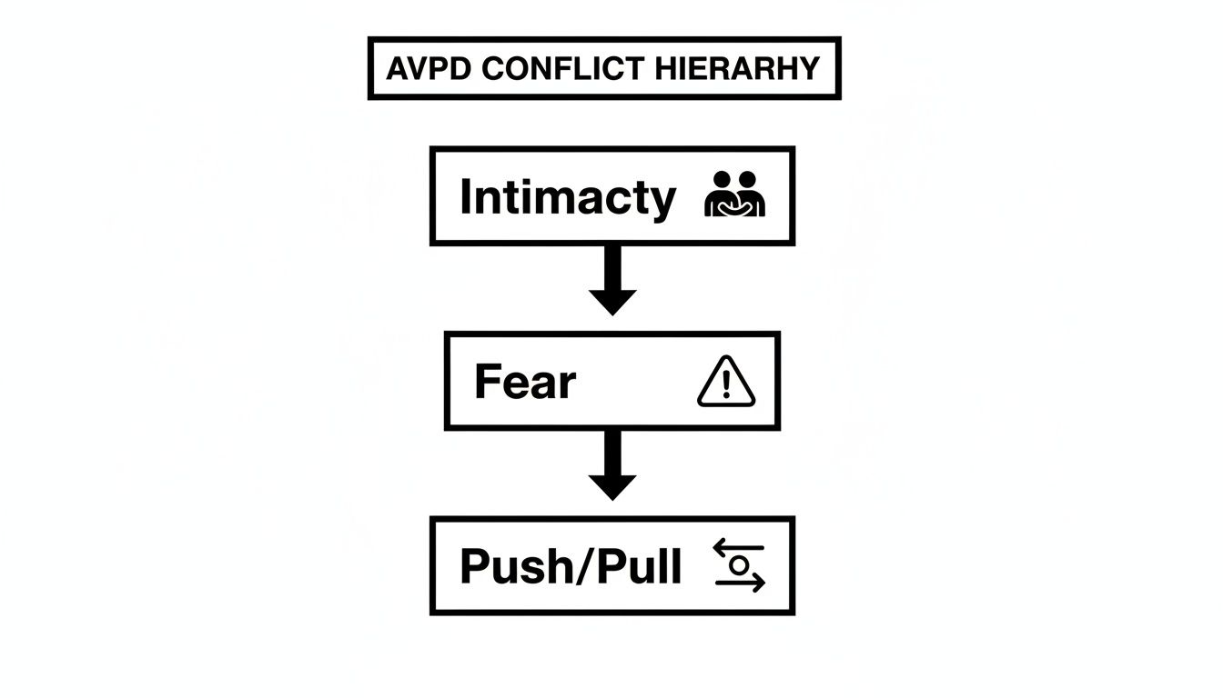 A flowchart showing the AVPD Conflict Hierarchy: Intimacy leads to Fear, which leads to Push/Pull dynamics.
