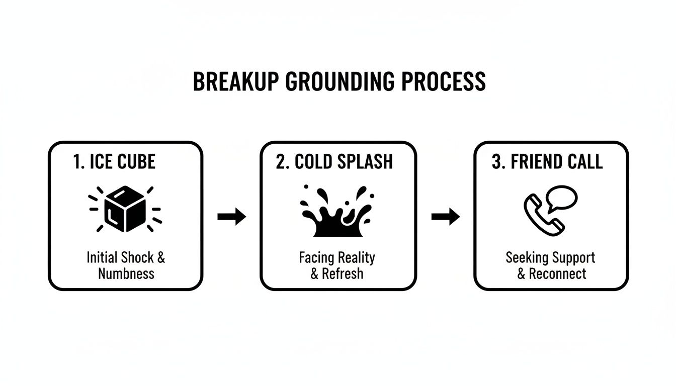 Diagram outlining a breakup grounding process with steps for initial shock, facing reality, and seeking support.