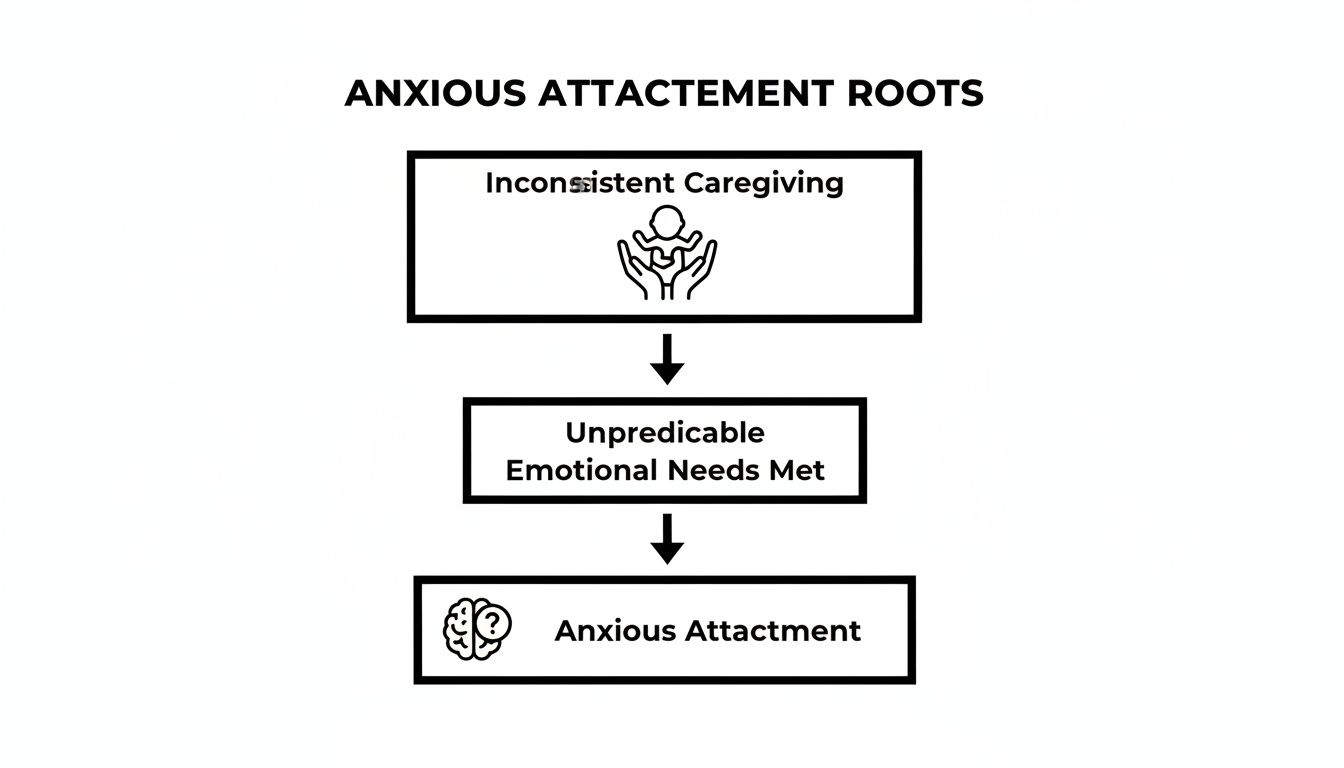 Flowchart illustrating the roots of an anxious attachment: inconsistent caregiving leads to unpredictable emotional needs, resulting in an anxious attachment.