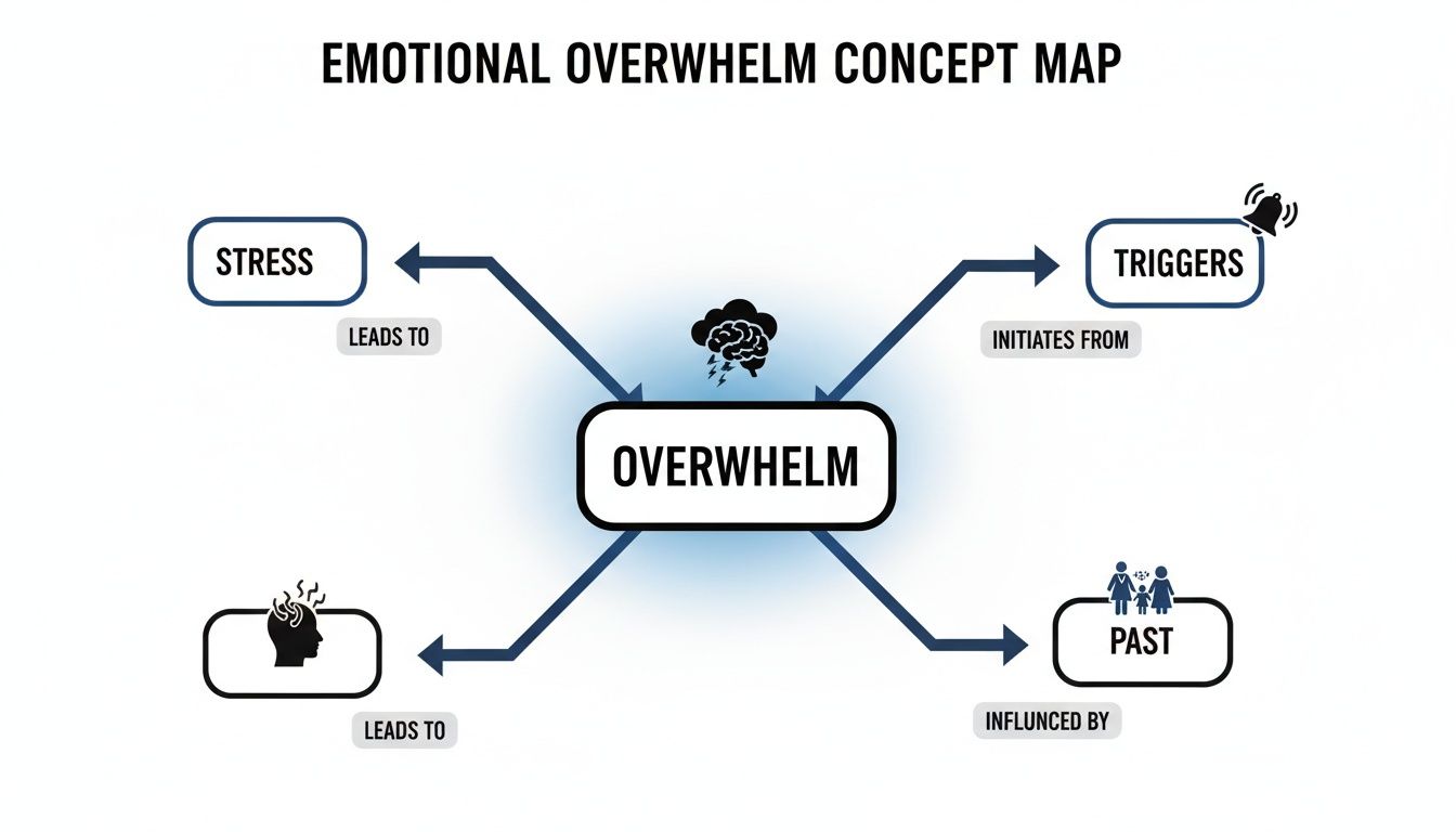 Concept map illustrating emotional overwhelm, showing connections from stress, triggers, past, and mental exhaustion.