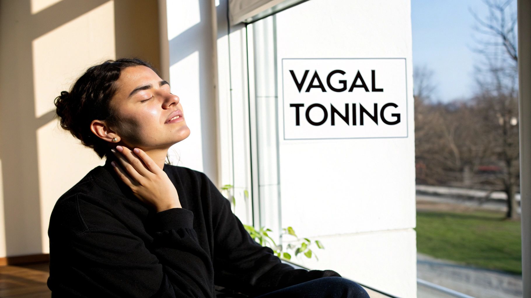 Woman with eyes closed and hand on neck, practicing vagal toning for relaxation and calm.