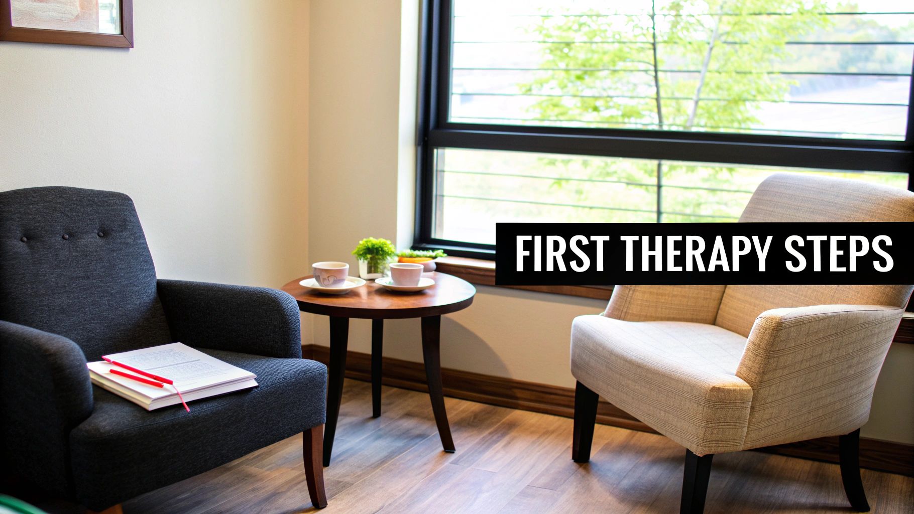 A welcoming therapy room with two armchairs, a side table, and 'FIRST THERAPY STEPS' text.