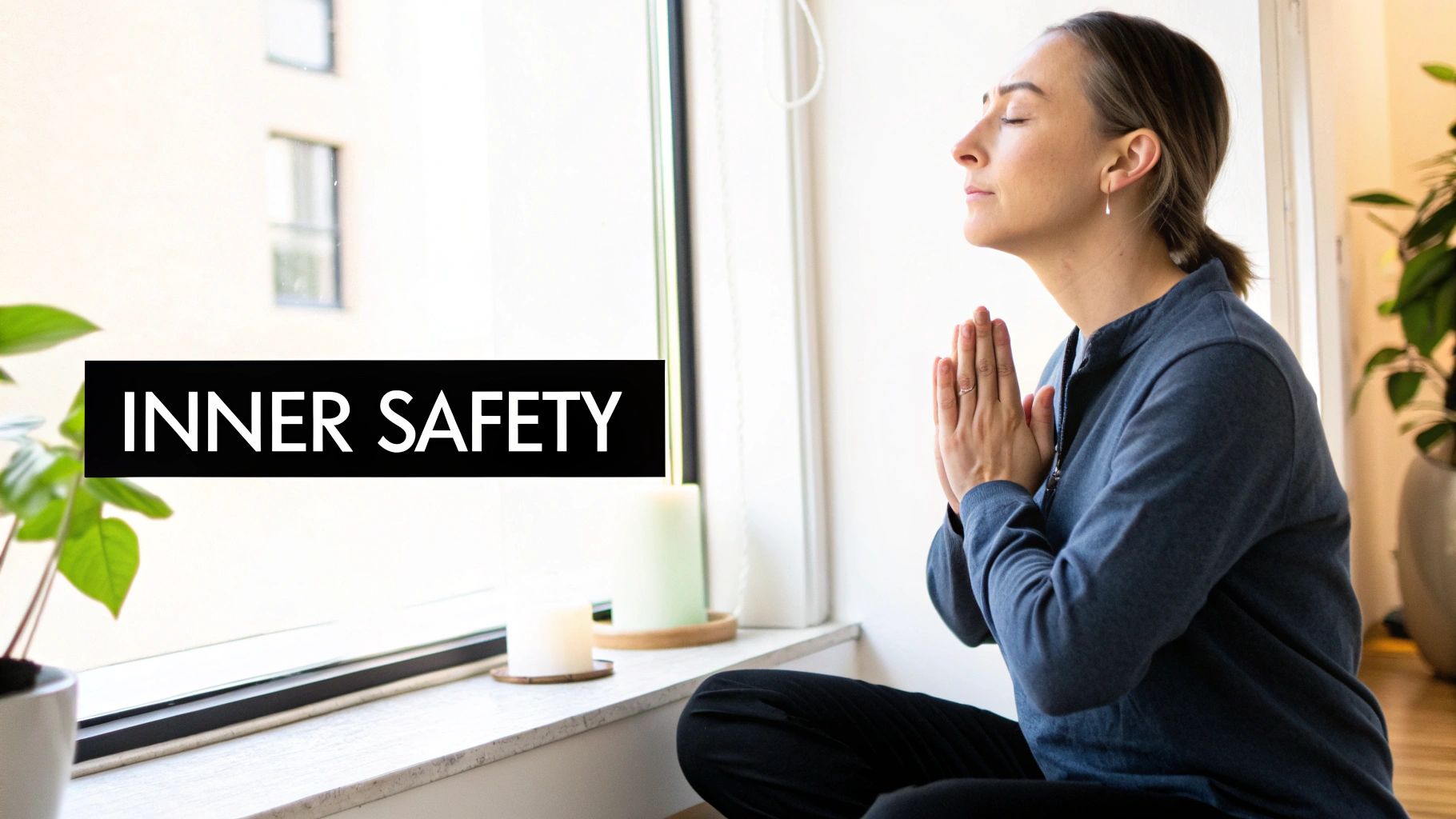 Side profile of a woman meditating by a window, hands together, promoting inner safety and peace.