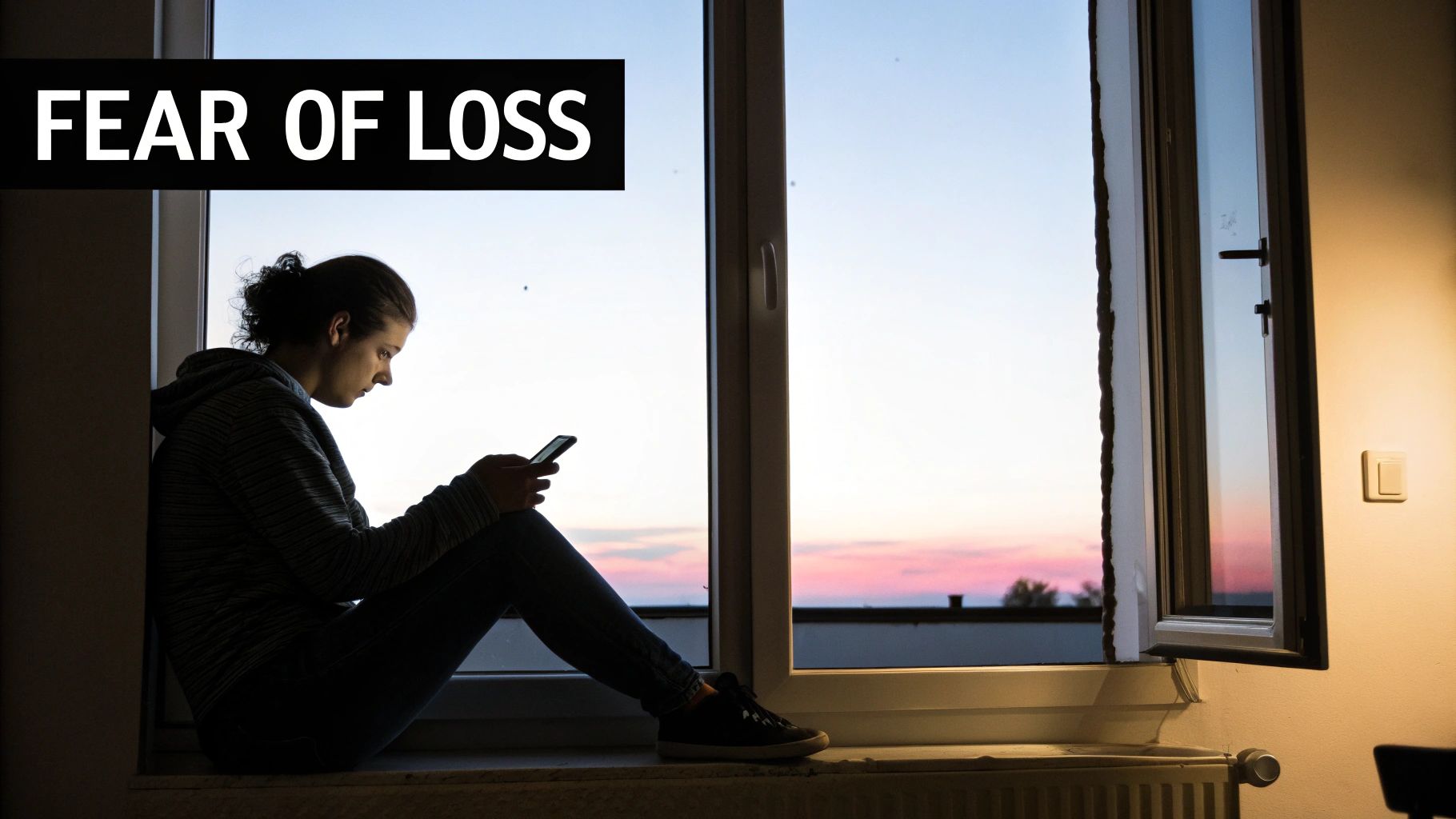 A person sits by a window at sunset, looking at their phone, with 'FEAR OF LOSS' overlay.