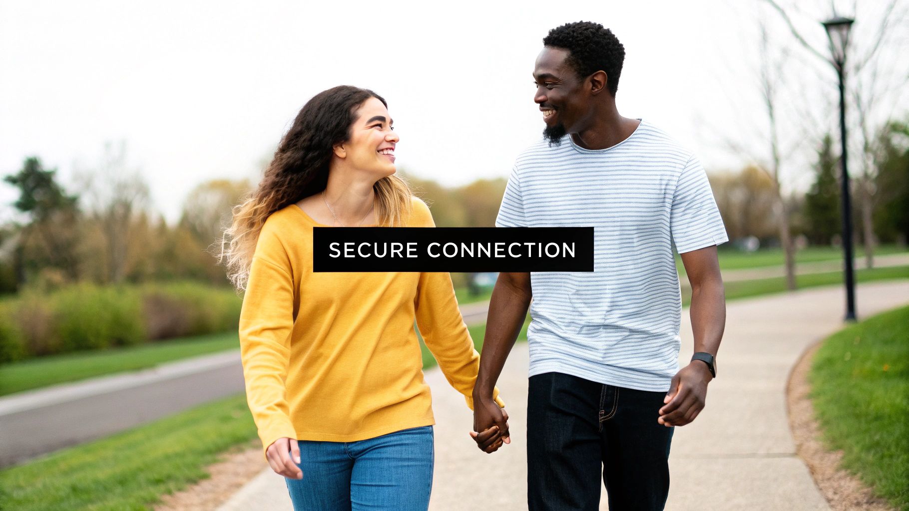 A happy diverse couple holds hands, smiling at each other while walking outdoors. Text: Secure Connection.