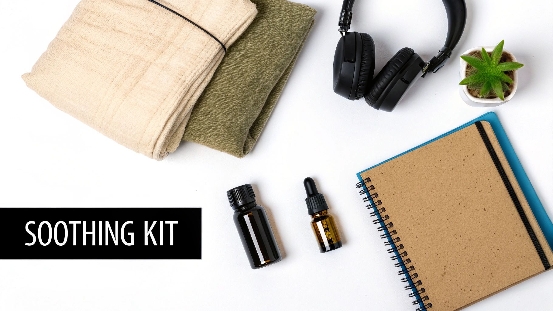 Flat lay of a soothing kit including fabrics, headphones, essential oils, a succulent plant, and notebooks.