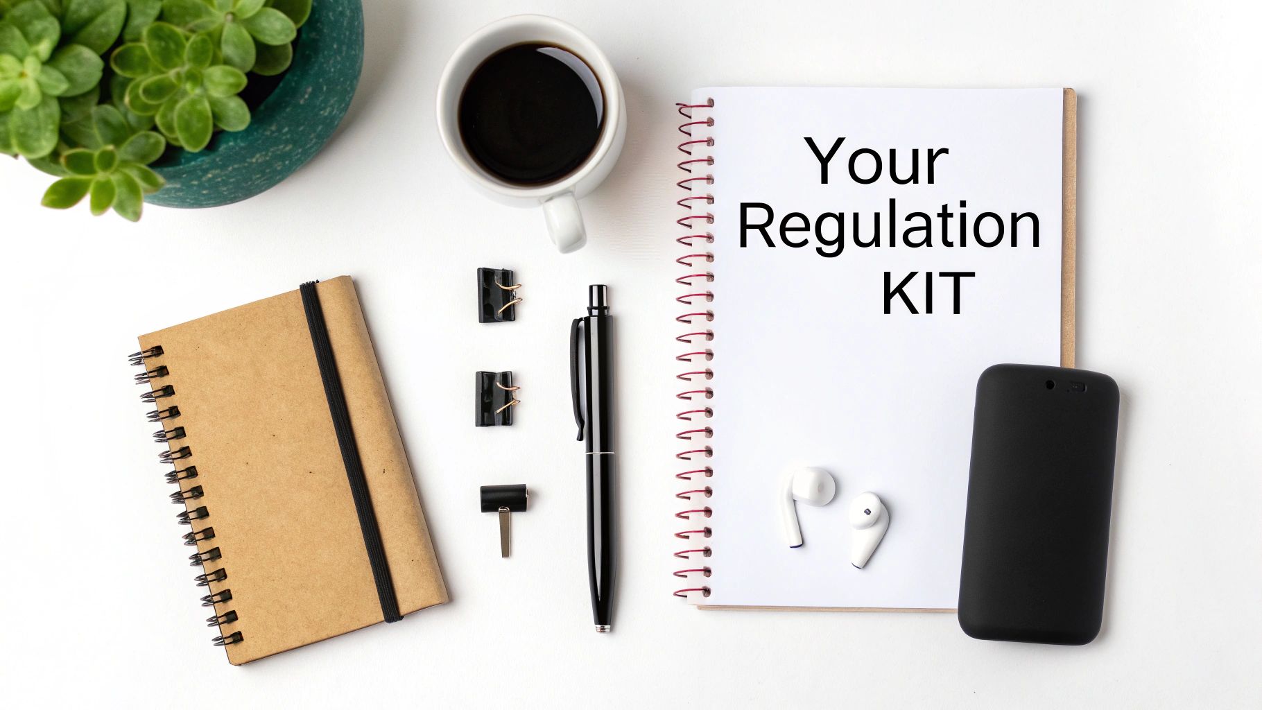 Overhead view of a workspace with a plant, coffee, notebooks, phone, and a note reading 'Your Regulation KIT'.