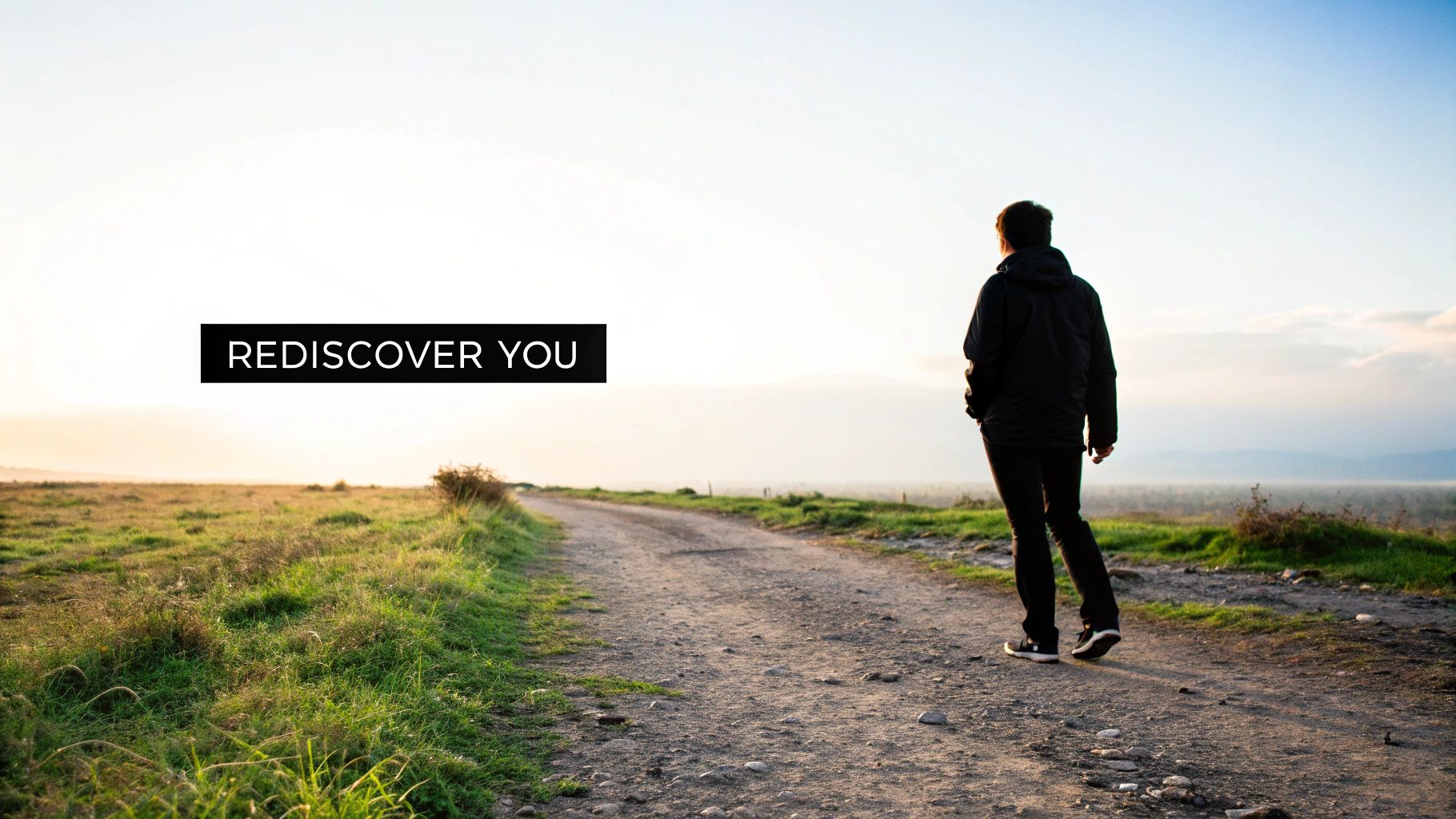 A person walks on a dirt path in a vast grassy field under a bright sky, with the text 'REDISCOVER YOU'.