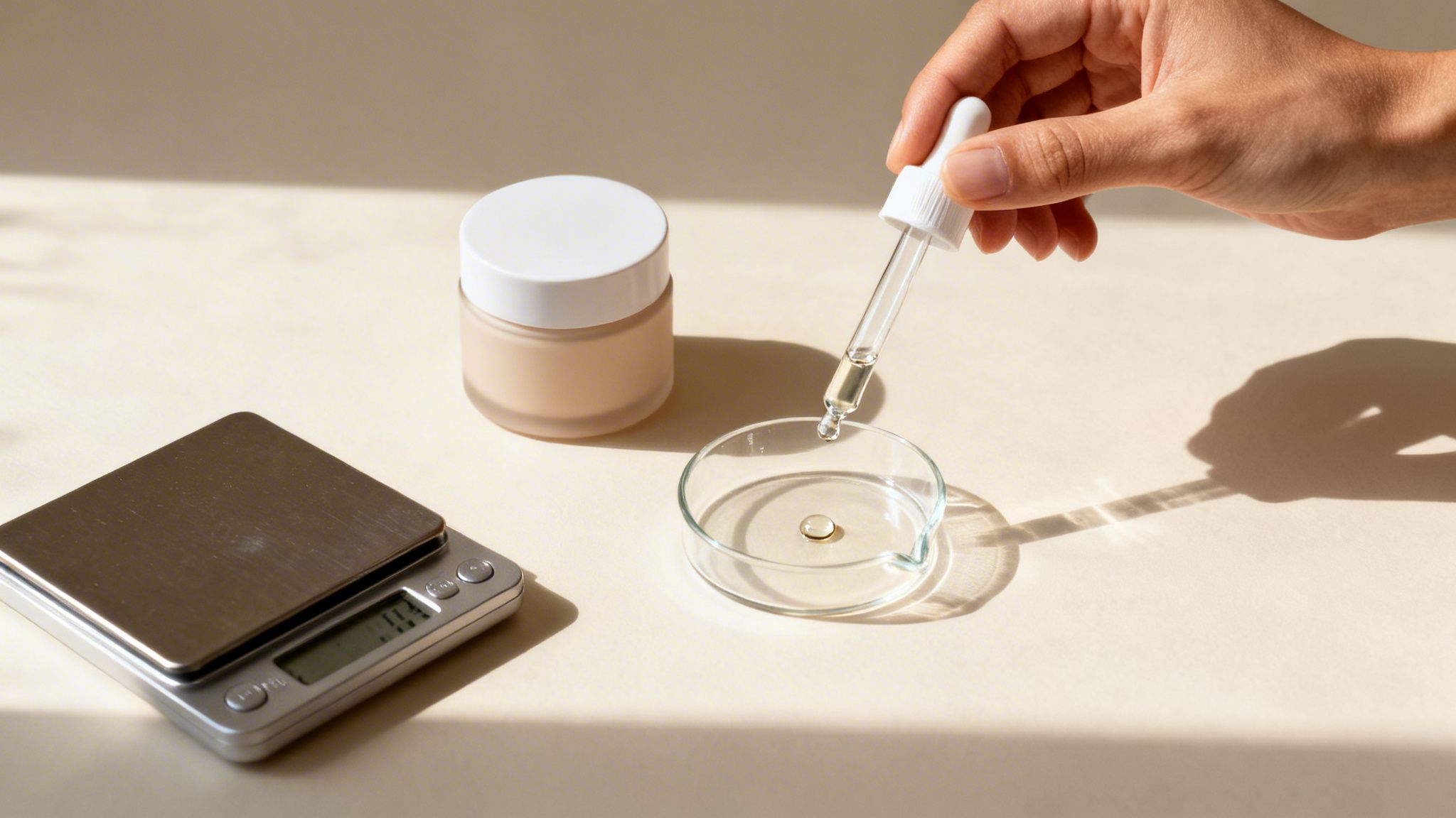 Hand tropft Flüssigkeit aus Pipette in Petrischale, daneben Cremetiegel und Digitalwaage für die Kosmetikherstellung.