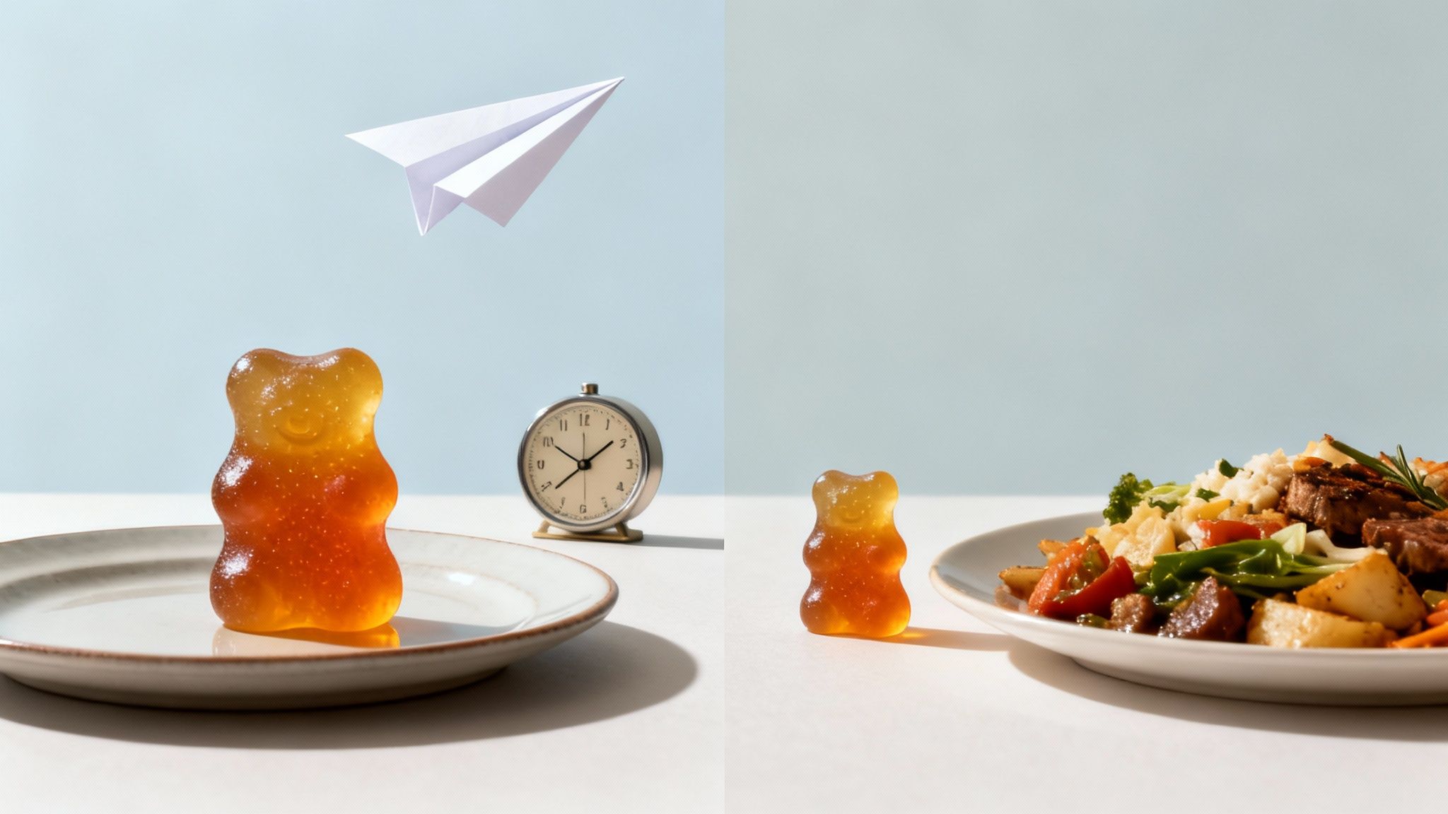 Ein großer Gummibär, eine Uhr und ein Papierflieger neben einem kleinen Gummibär und einer gesunden Mahlzeit.