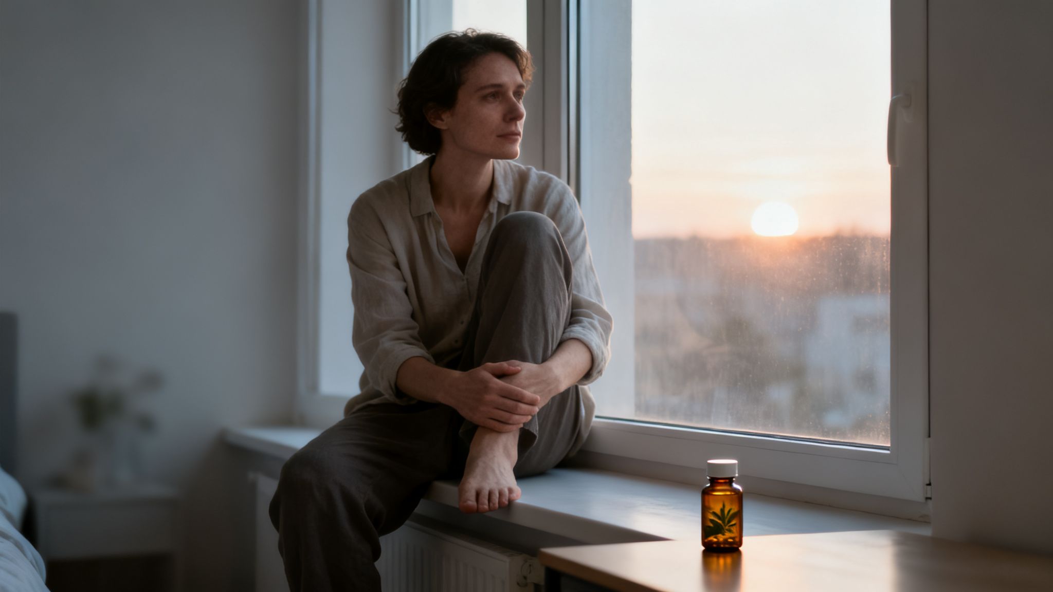 Eine Frau sitzt nachdenklich am Fenster und blickt auf den Sonnenuntergang, eine CBD-Flasche in der Nähe.