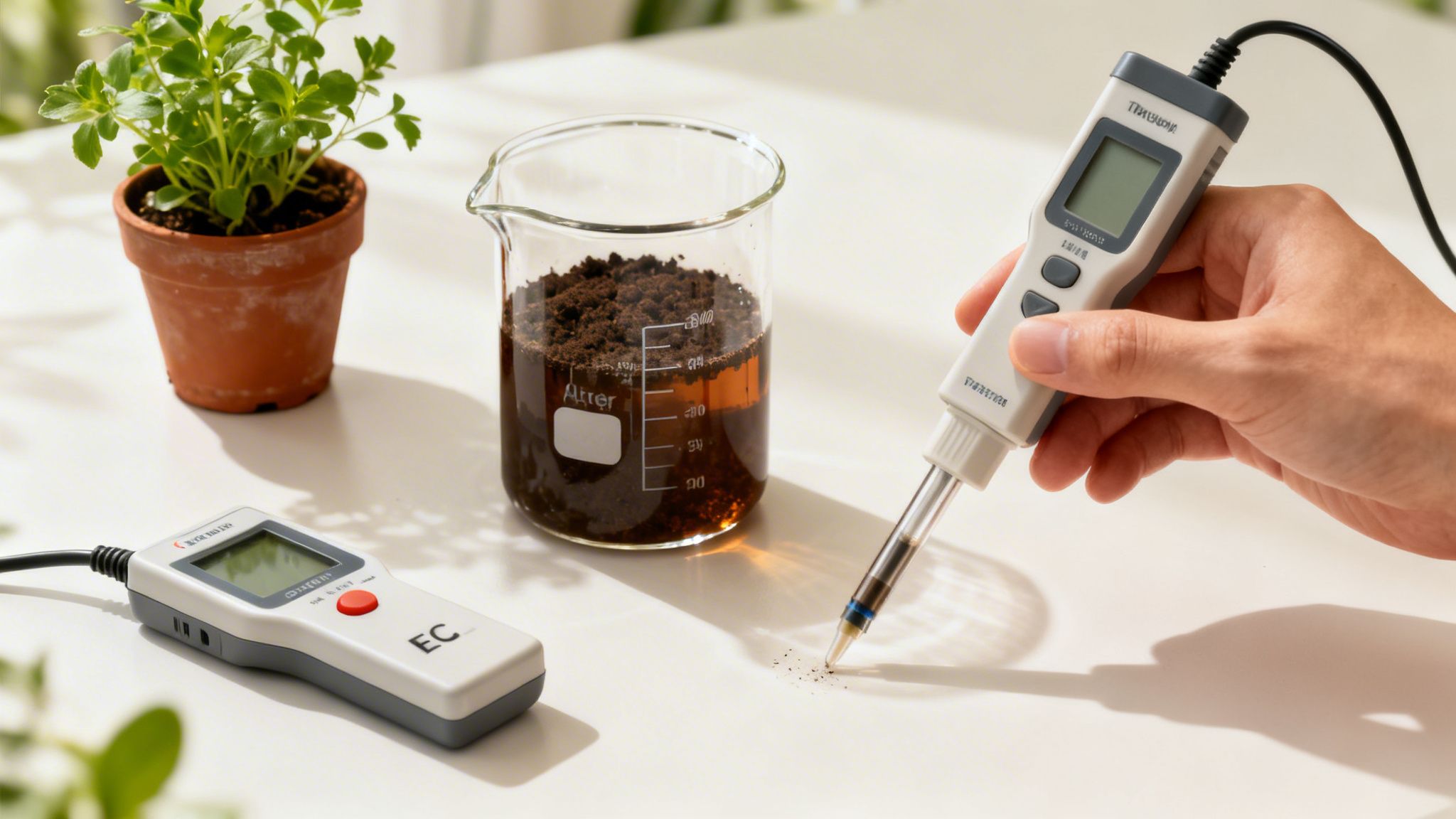 Eine Hand misst Bodenproben mit einem digitalen Testgerät neben einer Topfpflanze und einem Becherglas.