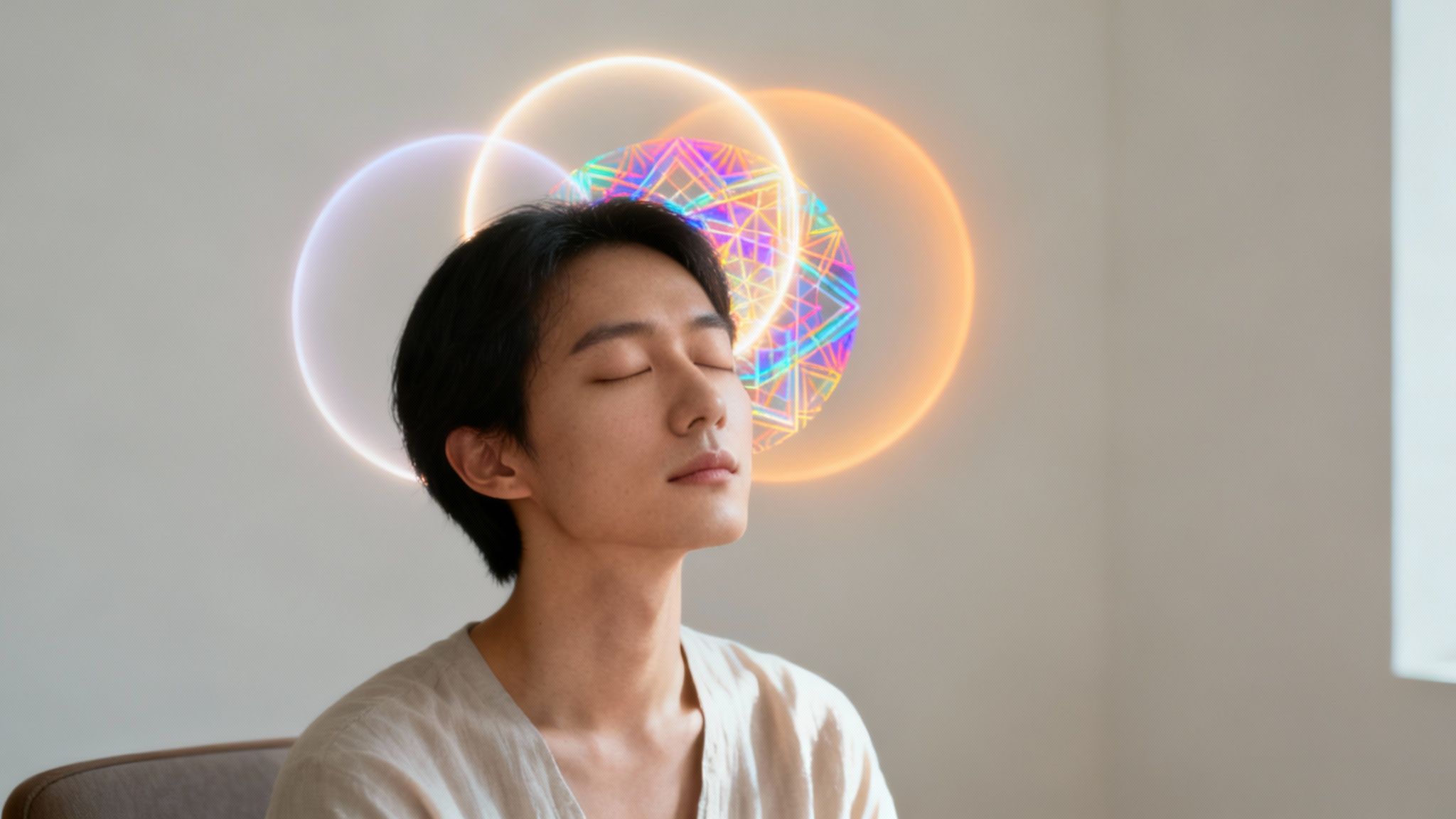 Eine Person meditiert mit geschlossenen Augen, umgeben von leuchtenden, farbigen Kreisen und Formen, die Spiritualität andeuten.