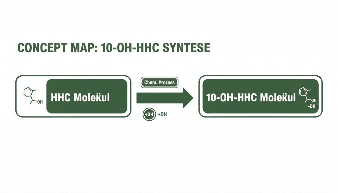 Koncepční mapa ukazuje syntézu 10-OH-HHC z HHC chemickým procesem s +OH skupinami.