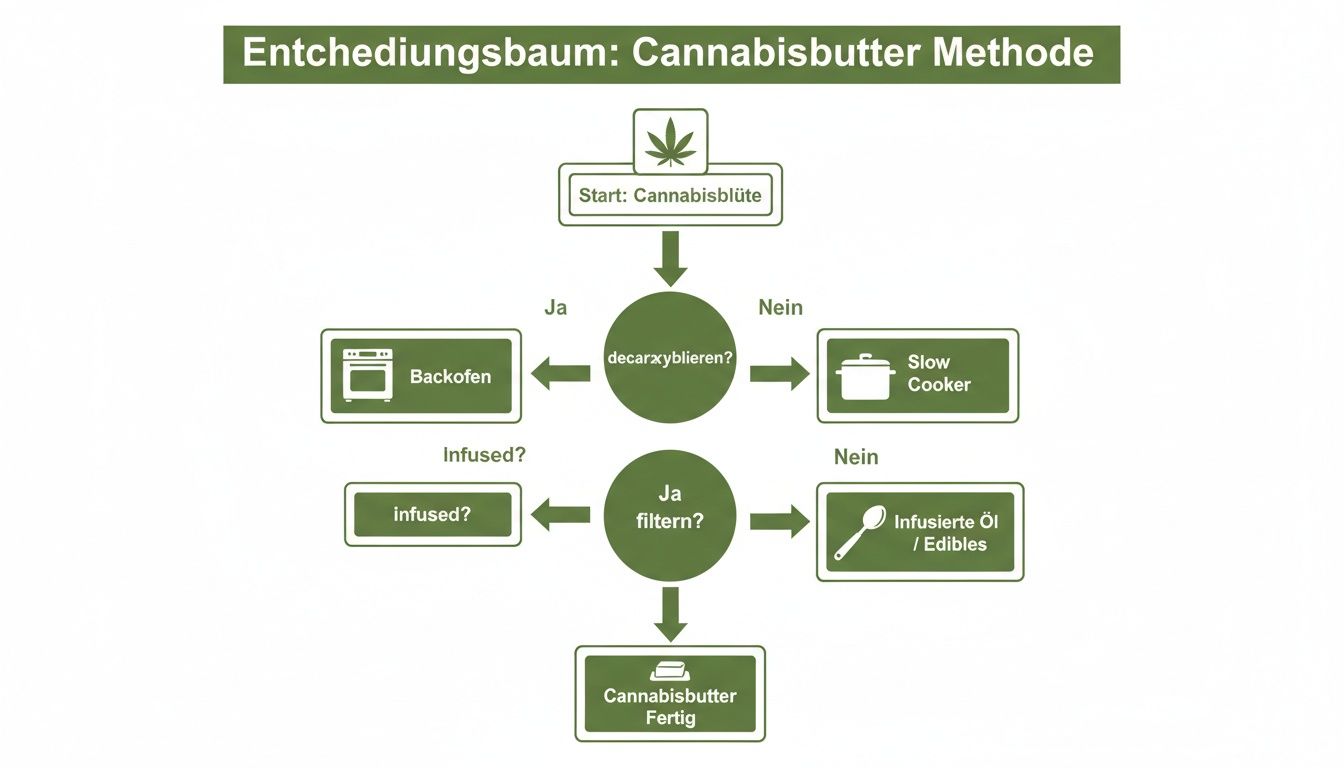 Ein Entscheidungsbaum zur Herstellung von Cannabisbutter, zeigt Schritte wie Decarboxylieren und Filtern.