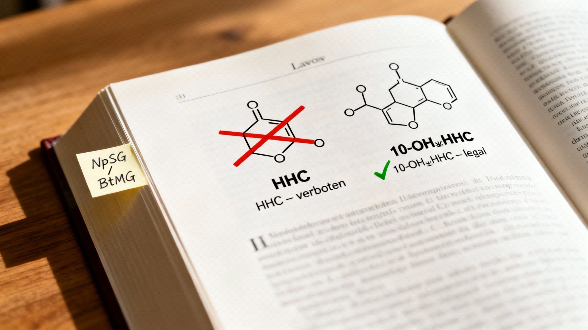 Offenes Buch zeigt chemische Strukturen, HHC als verboten und 10-OH-HHC als legal gekennzeichnet.