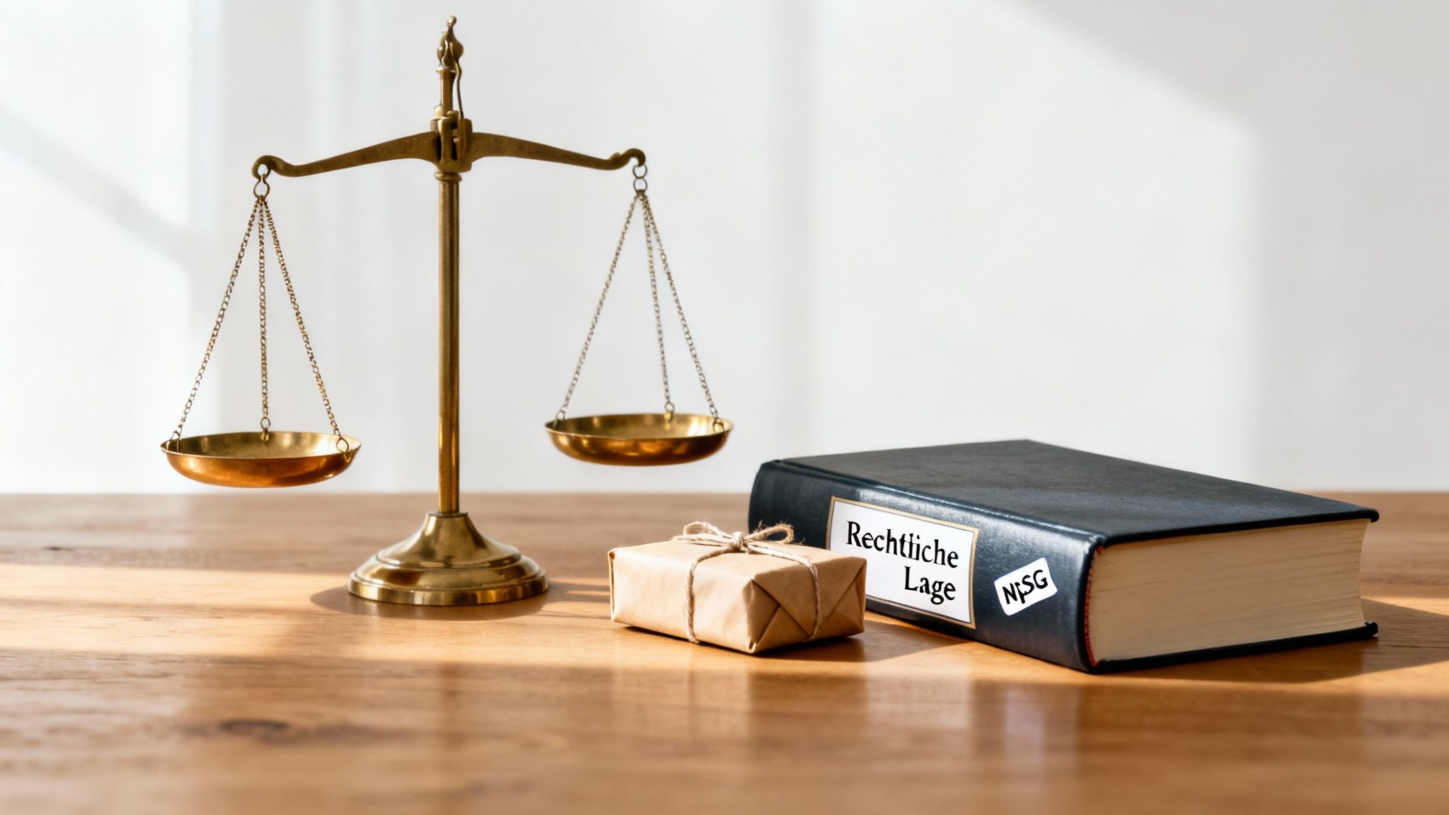 Eine Waage, ein Geschenkpaket und ein Rechtsbuch mit Aufschrift 'Rechtliche Lage NpSG' auf Holztisch.