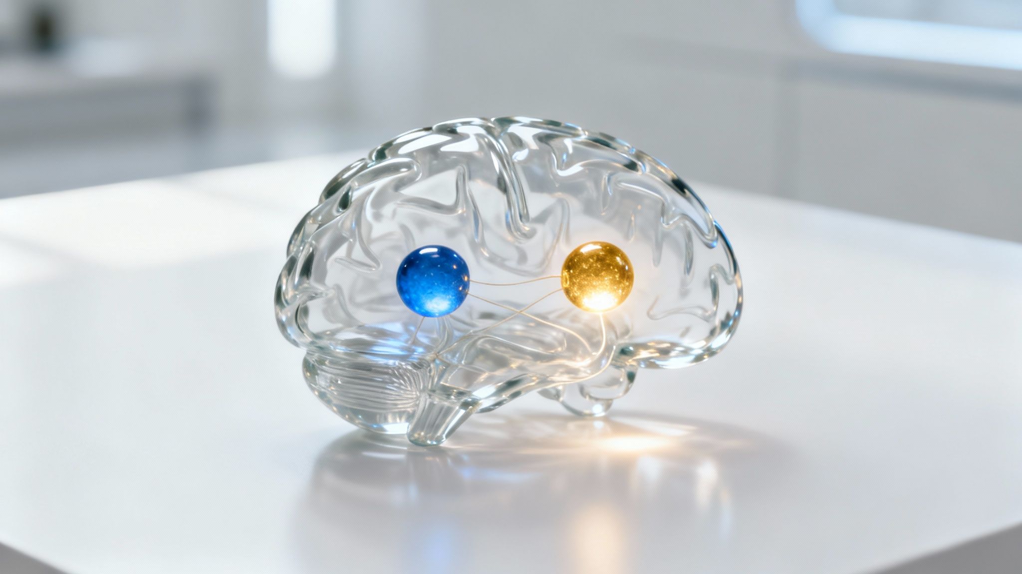 Transparentes Gehirnmodell mit leuchtenden blauen und goldenen Kugeln, die neuronale Verbindungen symbolisieren.