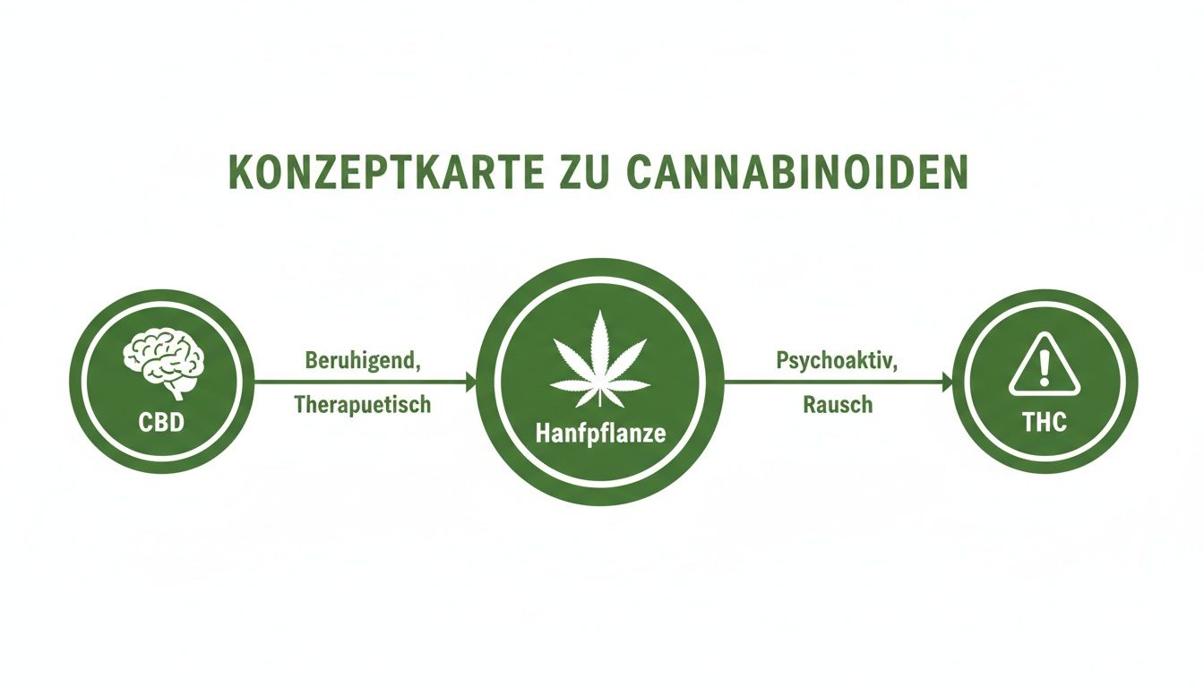Konzeptkarte zu Cannabinoiden: Hanfpflanze verbindet CBD (beruhigend, therapeutisch) und THC (psychoaktiv, Rausch).