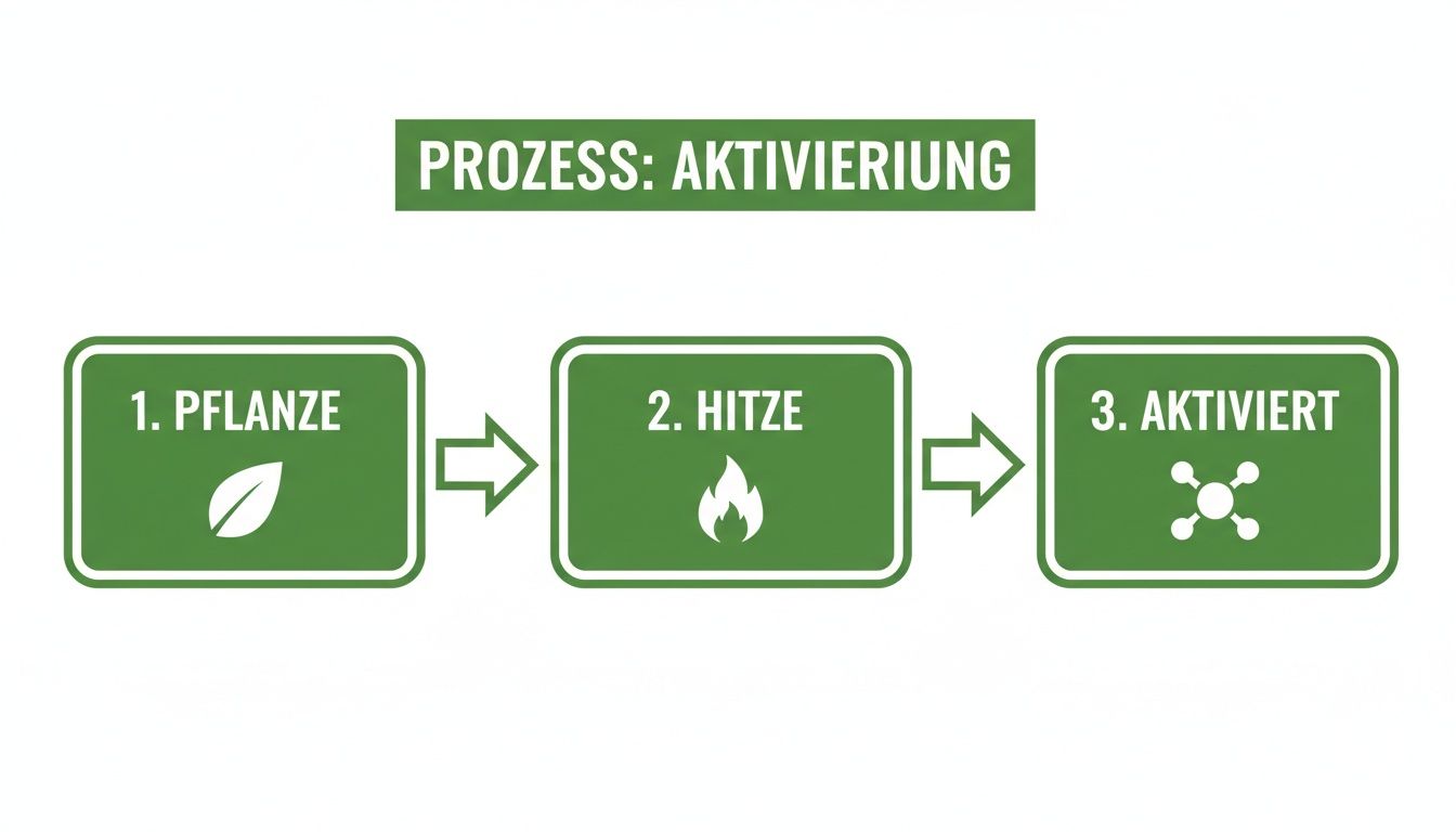 Diagramm des Aktivierungsprozesses: Pflanze wird erhitzt und dadurch aktiviert dargestellt.